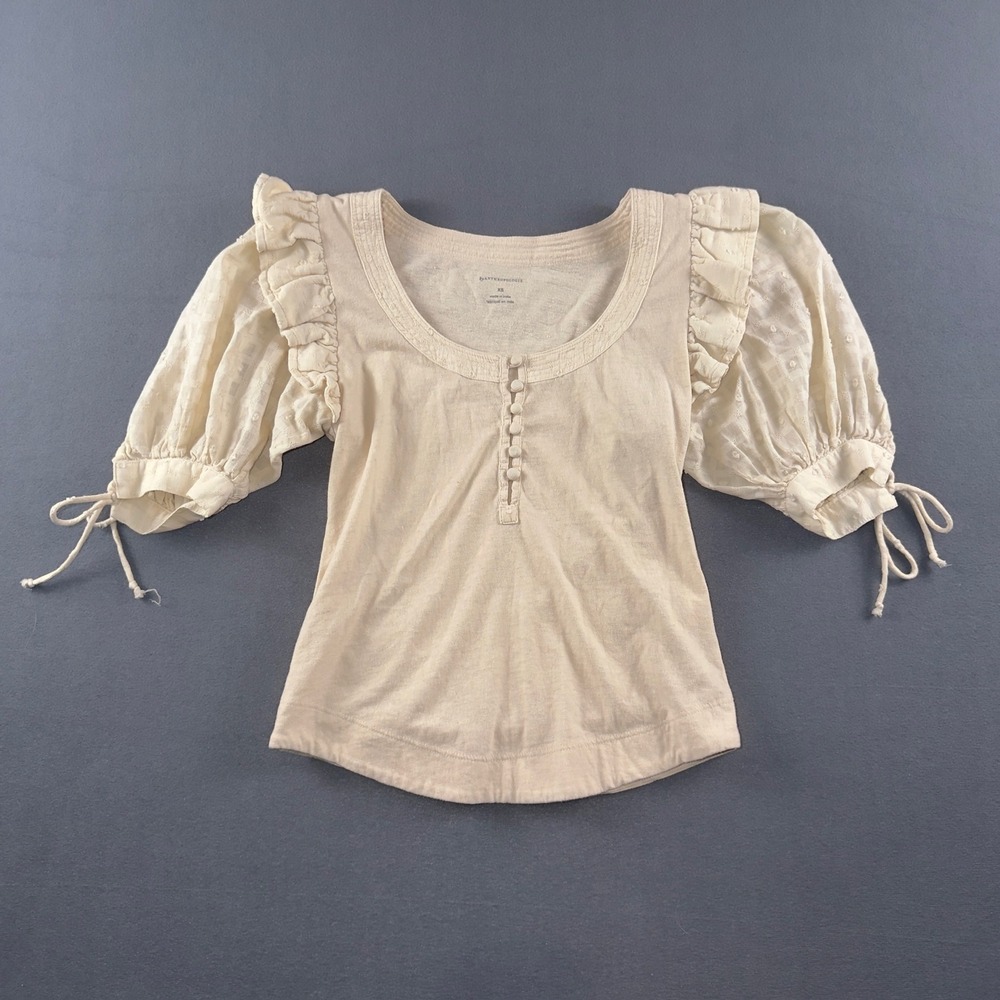 By Anthropologie Embroidered Puff Sleeve Top Cream Floral XS OB2006135